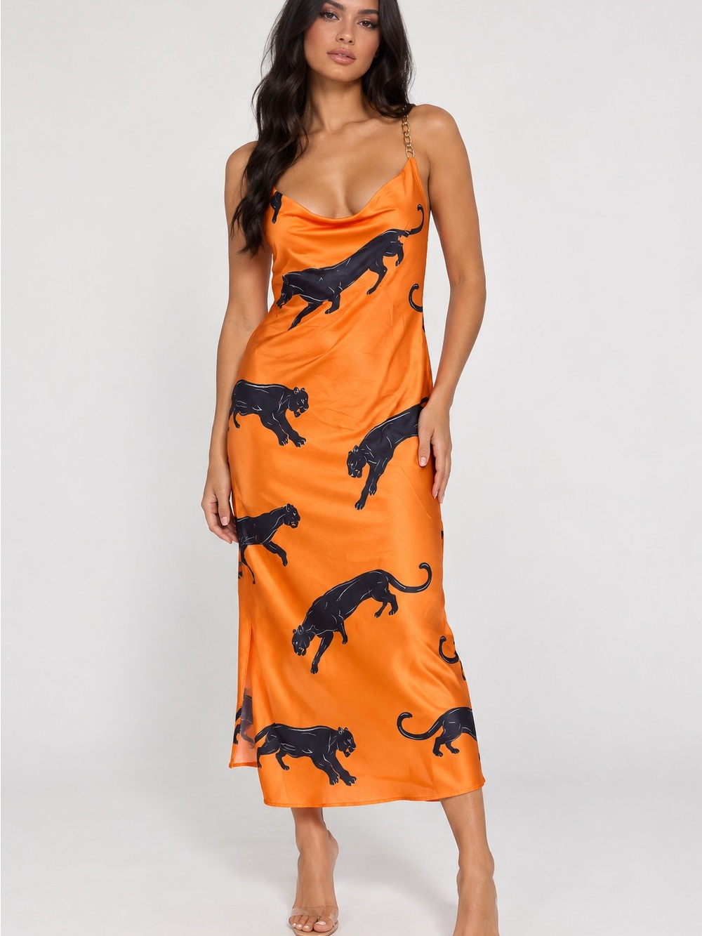 AKIRA Orange Satin Midi Dress with Black Panther Print